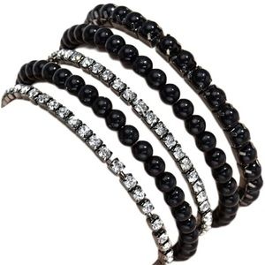 5pc Stretch Bracelet Set-Imitation Black Pearl & Diamond